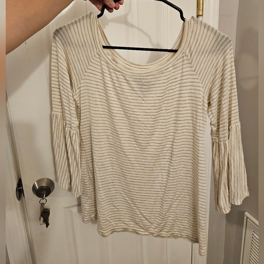 Bobeau Cream Ribbed 3/4 Sleeve Blouse